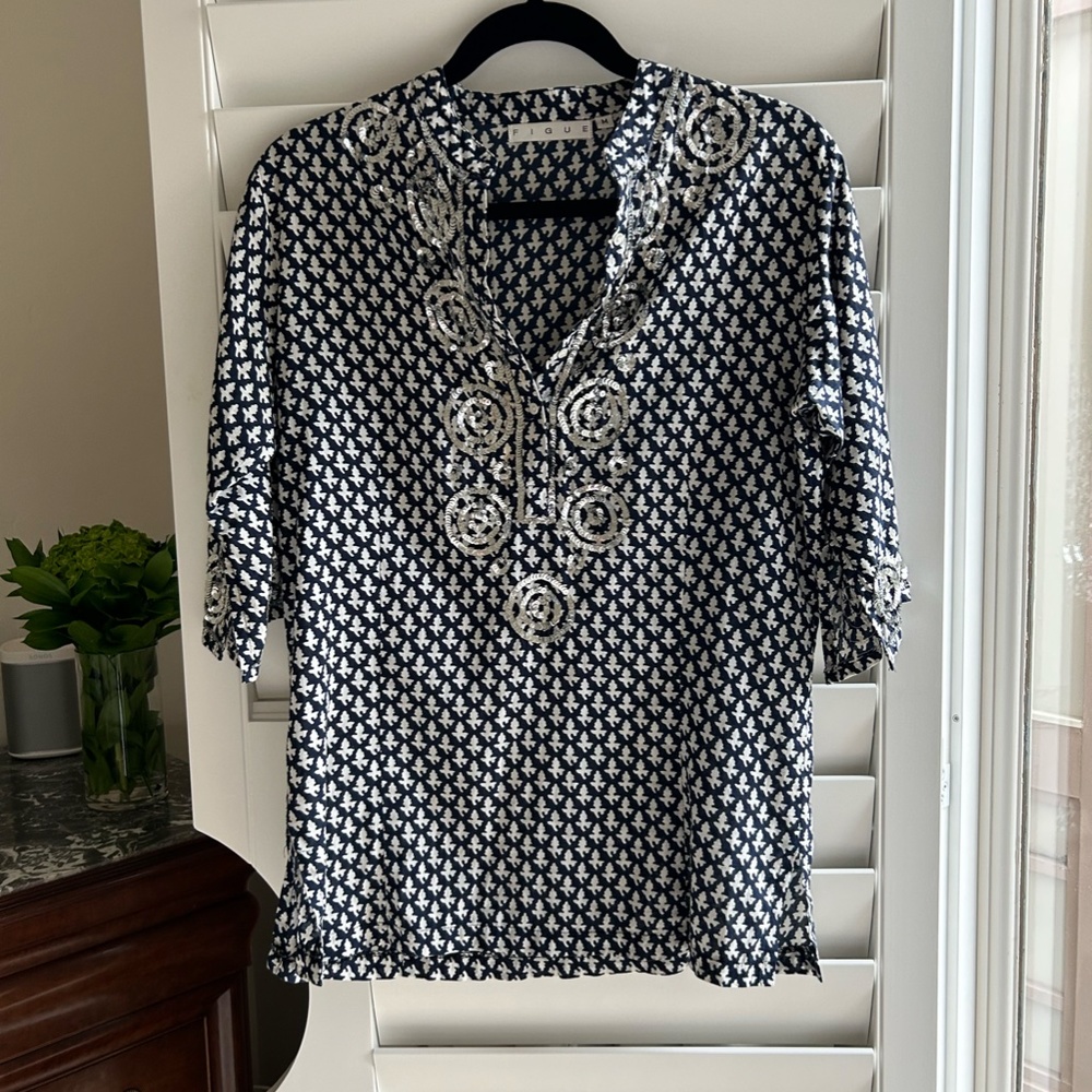 ✨ Stunning FIGUE Navy & Silver Sequin Tunic – M ✨